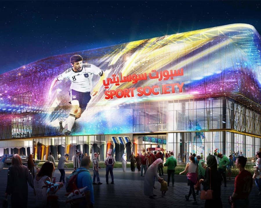 Exterior of the Sport Society Mall in Dubai.