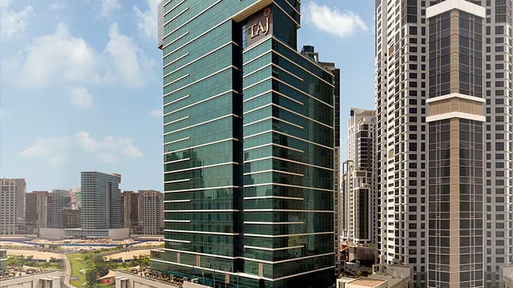 Exterior of the Taj Dubai hotel in Business Bay.