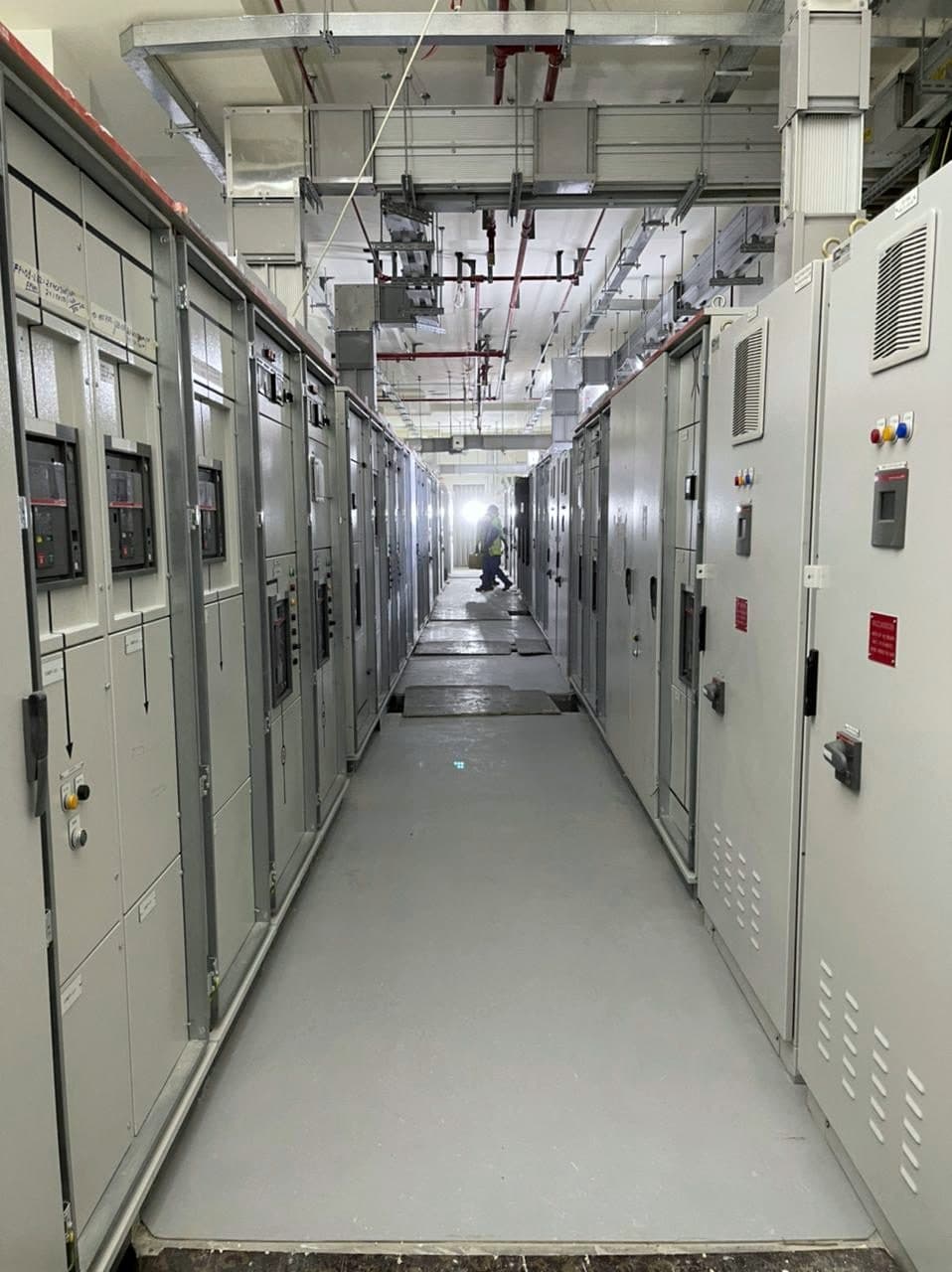 LV switchgear room during electrical commissioning.