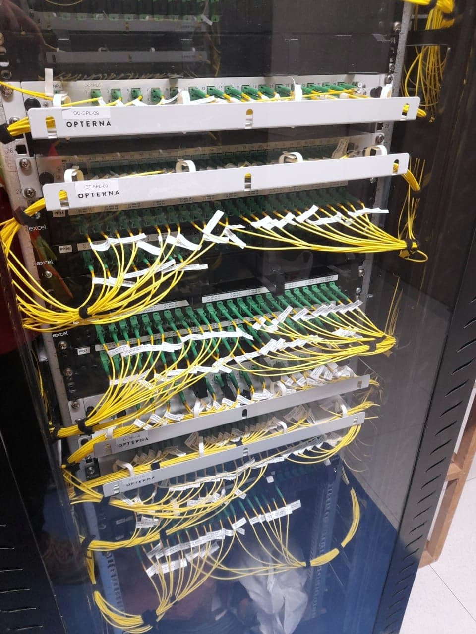 Fibre optic patch panel rack during ELV commissioning.