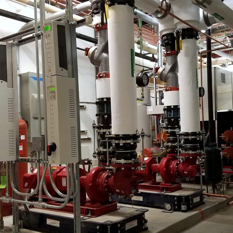 Pump room during hydronic balancing and commissioning.